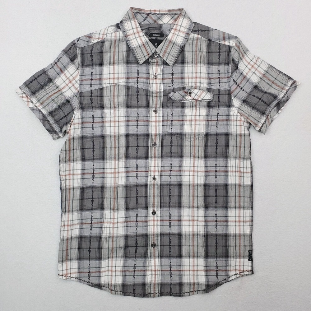 Prana Shirt Mens Small Black Gray Slim Fit Plaid Western Southwestern Cowboy